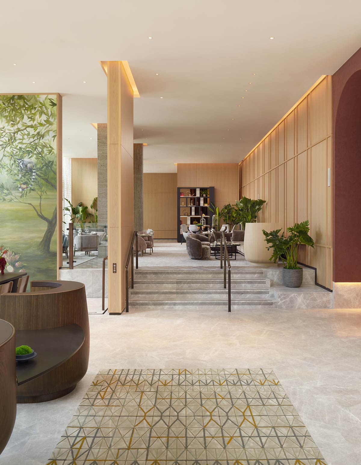 Arrival and reception area of Pan Pacific London, looking towards Orchard Lounge